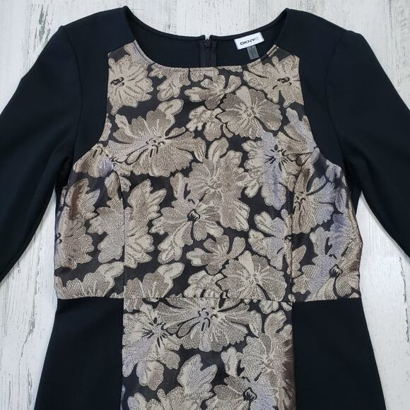 NWOT DKNYC Black Gold Metallic Floral Sheath L/S Mini Dress Women's Size 8 - Picture 4 of 12